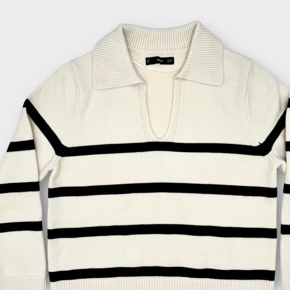 Mango Breton Stripe Sweater Cream Black Collared Nautical Parisian Knit S - Picture 7 of 12